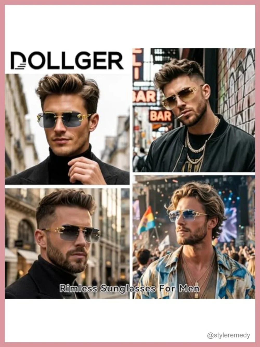 Rimless Square Sunglasses Men UV400 Metal Frame Rectangle Y2K Shades